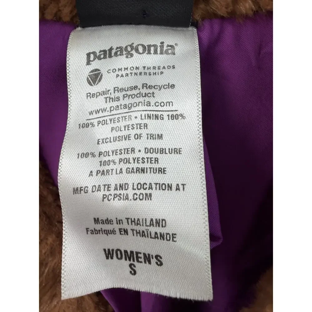 Patagonia Women's Brown Faux Fur Jacket High Pile Fleece Button Front Modern S